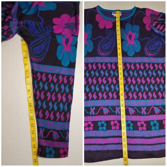 Cape Cod Vintage 80s Black Purple Teal  Floral Paisley Patterned Knit Sweater - Picture 9 of 9